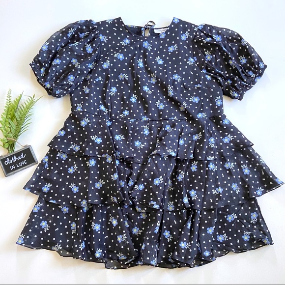 Sandy Liang x Target Black Floral Print Short Sleeve Tiered Ruffle Mini Dress - Picture 3 of 9